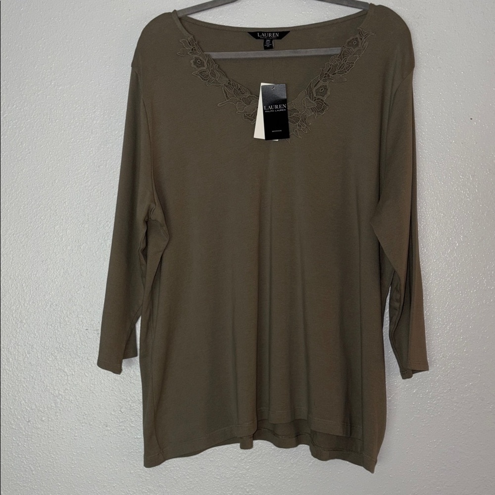 NWT Lauren Ralph Lauren Olive Green Embroidered Neckline 3/4 Sleeve Top Size 3X